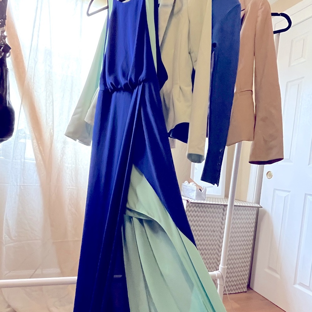 BCBG Max Gorgeous backless multi tone and layered evening dress